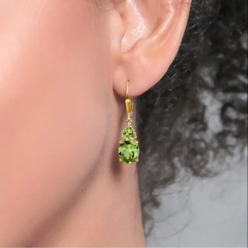 18K Yellow Gold with 6.56 Cttw Green Peridot Leverback Dangling Drop Earrings